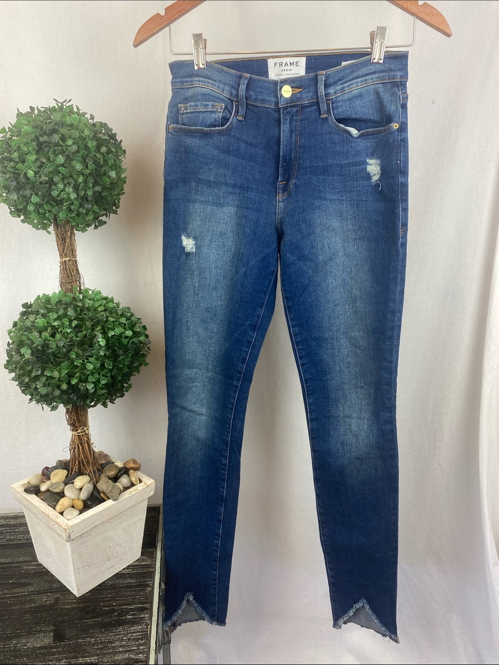 Frame Blue Denim High Rise Le Skinny De Jeanne Distressed Jeans 27